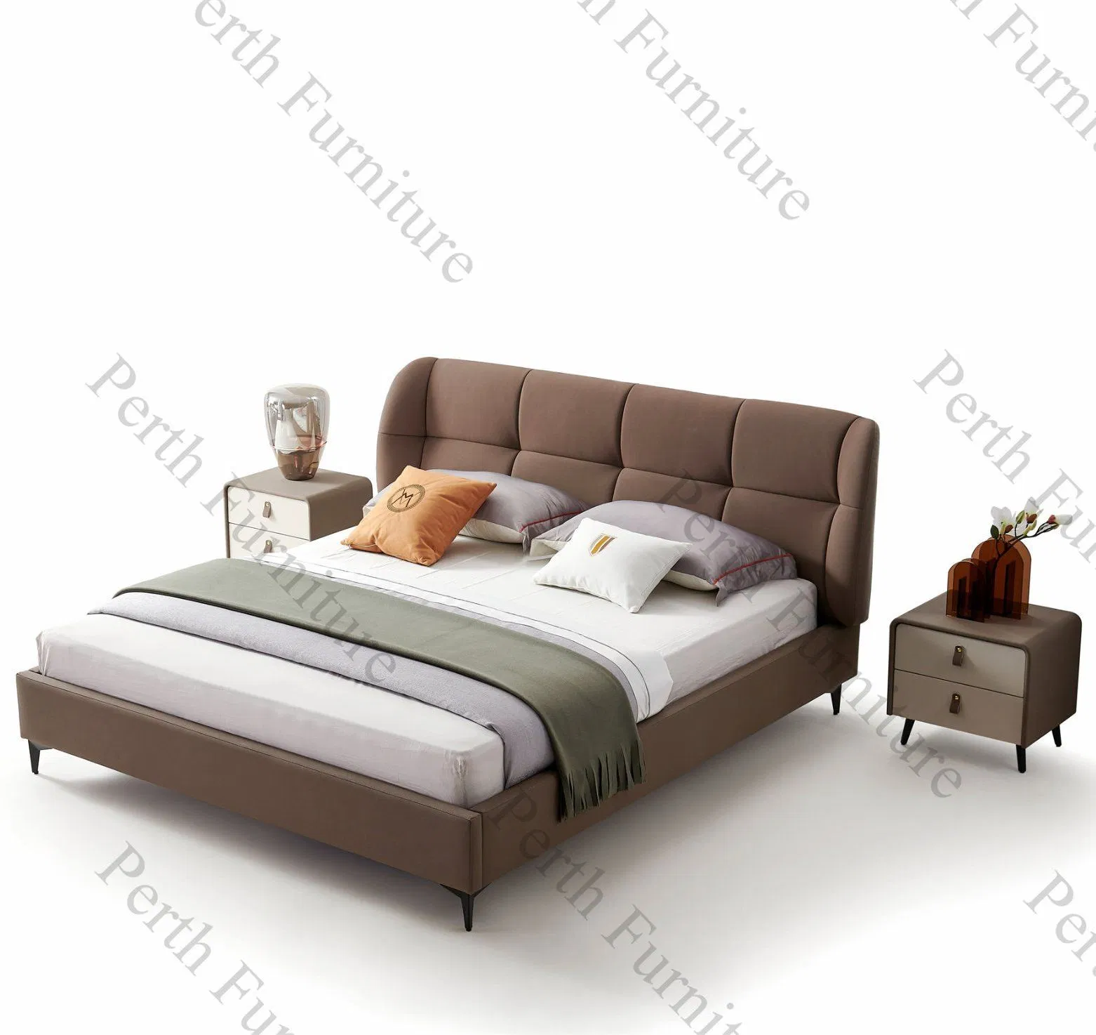 Cama contemporánea suave con patas de metal, marco de madera maciza, cuero genuino y tela para muebles del hogar, dormitorio de moda Mxt-888 cama