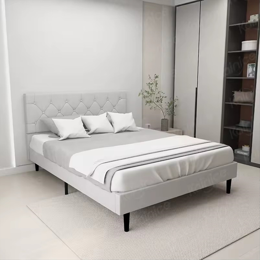 Cama contemporánea de plataforma de cuero sintético con almacenamiento para una vida ordenada