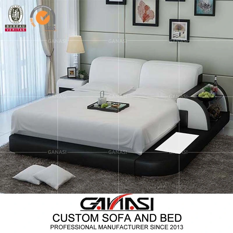 Mueble de dormitorio italiano, marco de cama de reina de cuero genuino con mesas de noche