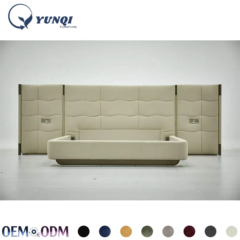 Conjunto de dormitorio de cama king size de lujo, cabecero alto y ancho, camas suaves con tapicería, camas de cuero modernas en blanco