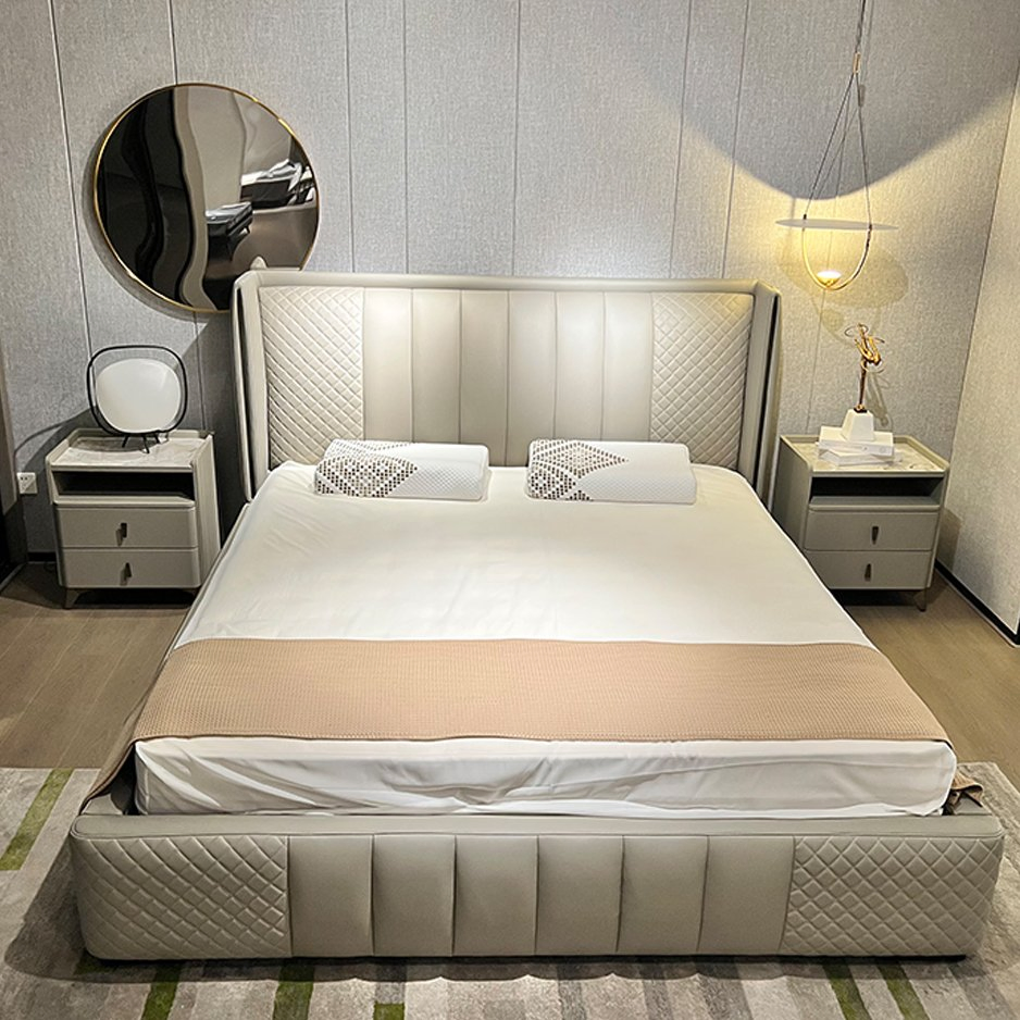 Diseño italiano moderno de almacenamiento cama abatible de cuero gris tamaño king para muebles de dormitorio