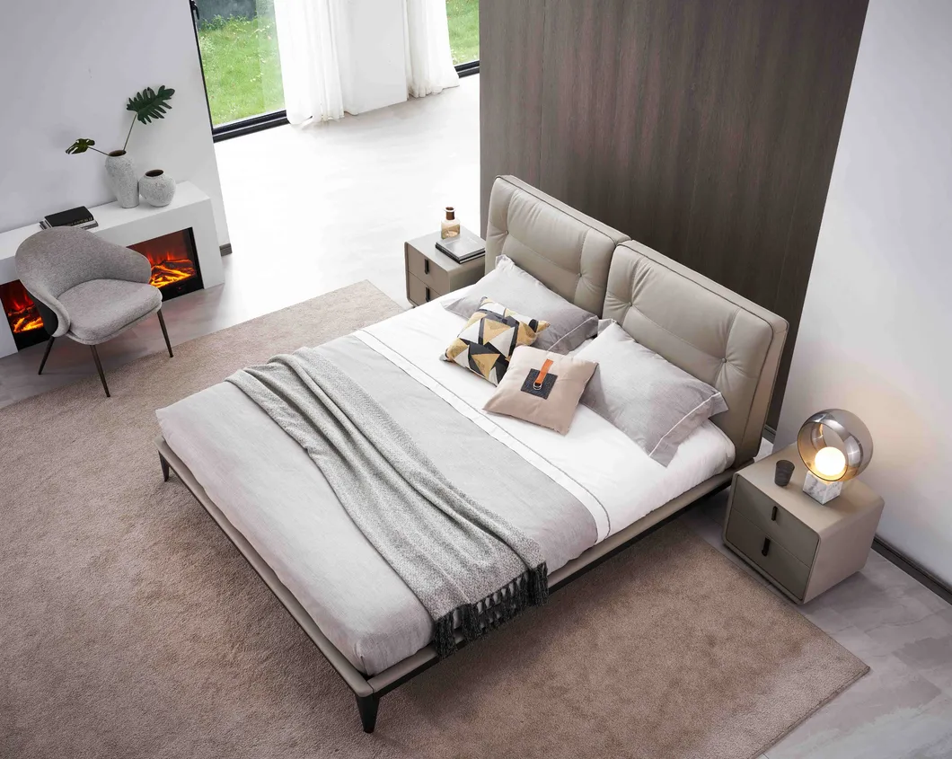 Conjuntos de muebles de dormitorio de estilo moderno y simple, cama king y queen de cuero blanco