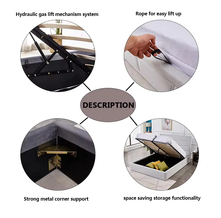 Estructura de cama tipo trineo tapizada con cabecera y pie de cama acolchados curvados, incluyendo base de listones de madera para soporte