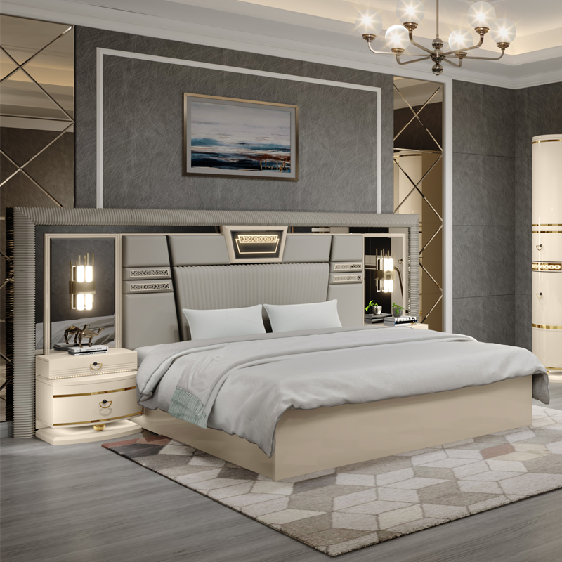 Conjunto completo de muebles de dormitorio de lujo con cama king de cuero doble, armario y tocador de diseño moderno al por mayor