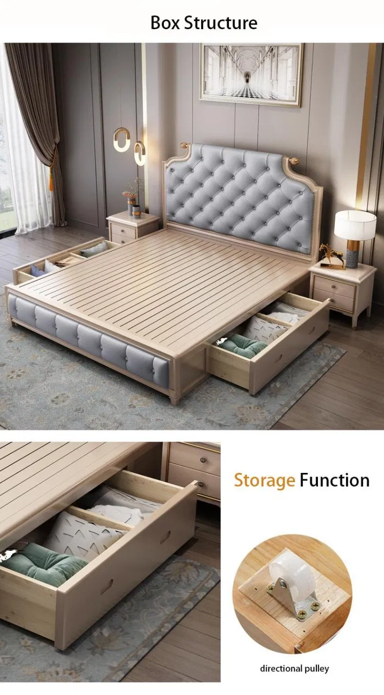 Casa de lujo moderna, dormitorio de hotel, cama doble de tamaño king, tapizada en tela, cuero genuino, con almacenamiento de madera