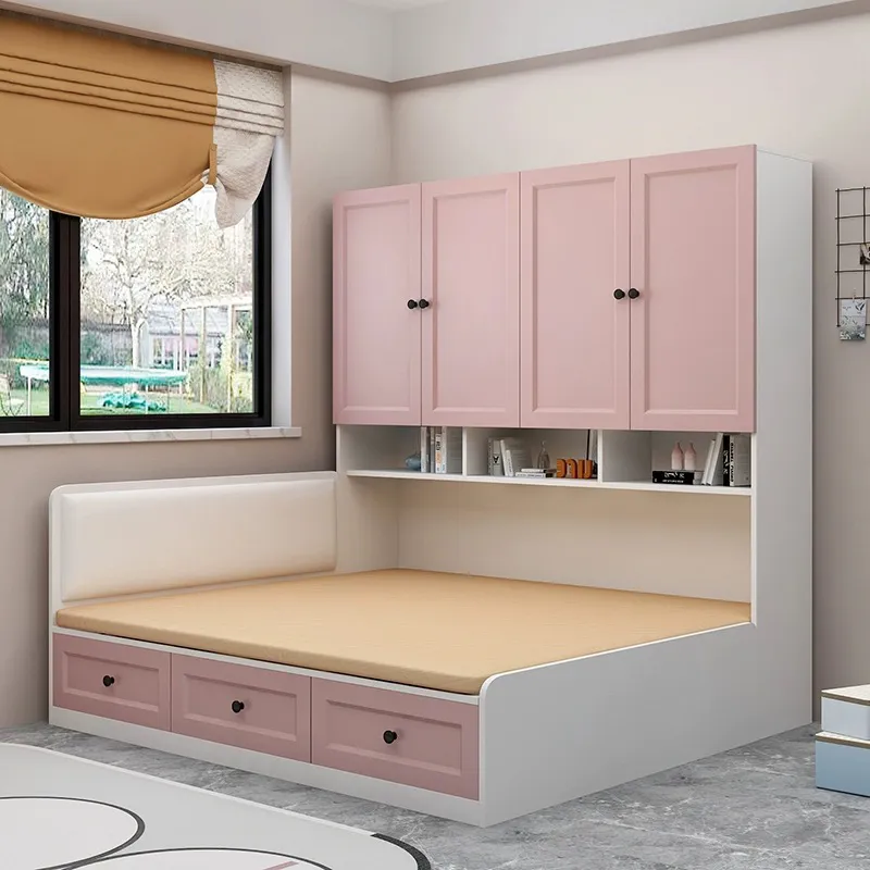 Conjunto de dormitorio moderno de alto brillo, muebles para el hogar, cama de almacenamiento en la pared de madera, rey
