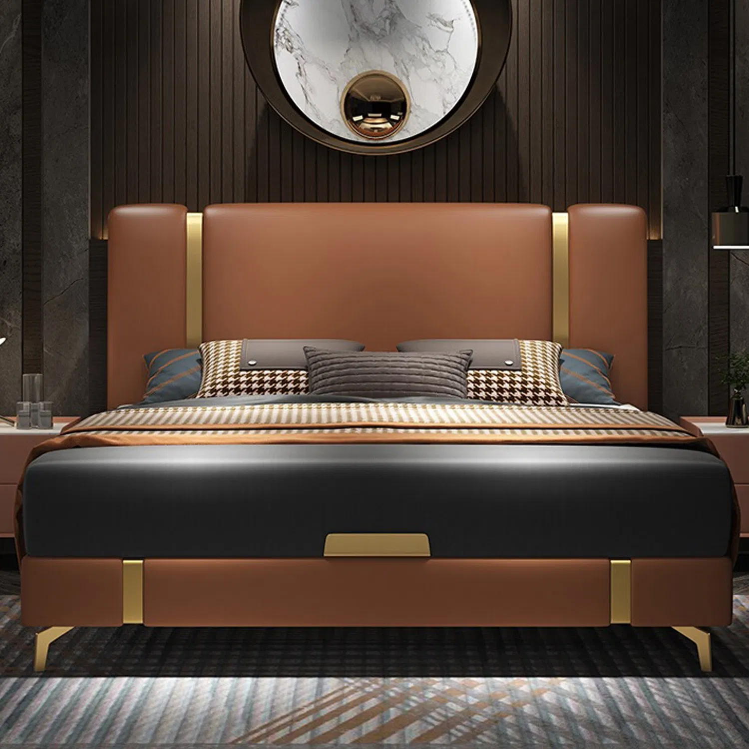 Marco de cama de cuero moderno y elegante con diseño de plataforma estilizado
