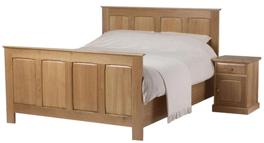Cama moderna nórdica de madera de plataforma tamaño rey individual en roble marrón natural, sin necesidad de somier, cabecero y pie de cama de madera