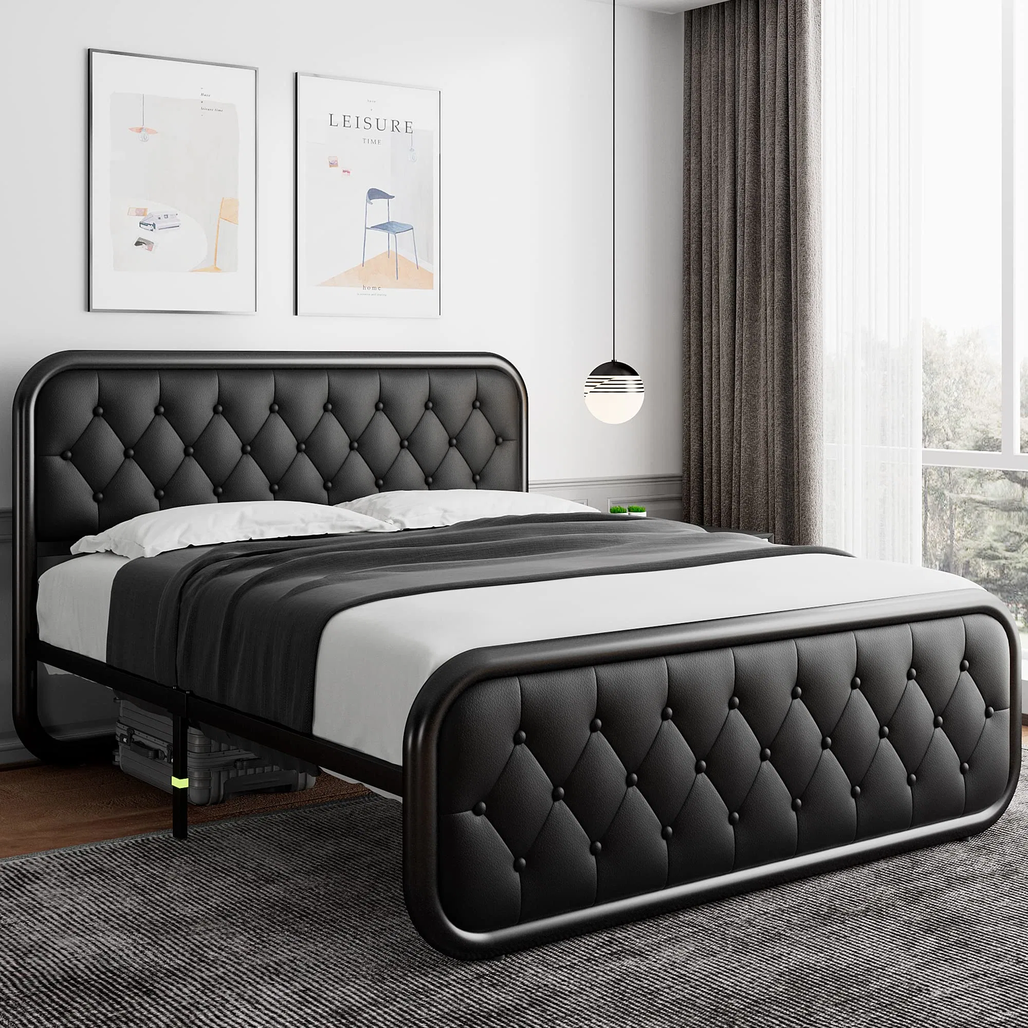 Estructura de cama de metal tamaño king con cabecera de cuero, estructura de cama de plataforma de alta resistencia