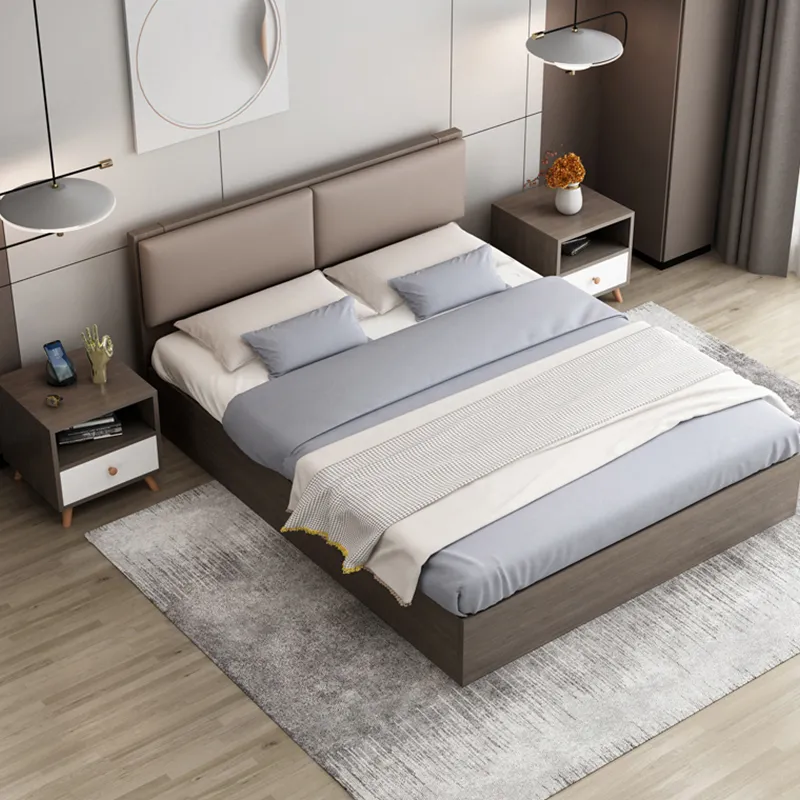 Muebles de dormitorio modernos con tapizado de cuero, cama de tamaño doble, queen y king con marco de madera