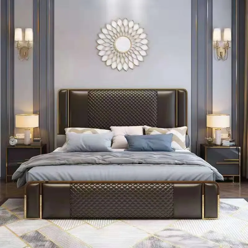 Muebles de dormitorio de lujo cama italiana moderna tapizada en cuero con almacenamiento cama king size de cuero blanco