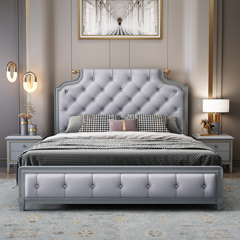 Casa de lujo moderna, dormitorio de hotel, cama doble de tamaño king, tapizada en tela, cuero genuino, con almacenamiento de madera