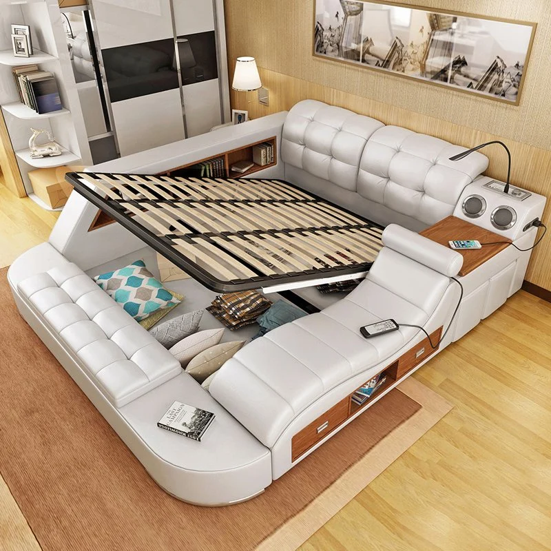 Muebles de dormitorio de lujo multifuncionales al por mayor de China, cama moderna inteligente tamaño king con almacenamiento, cama queen de cuero con masaje