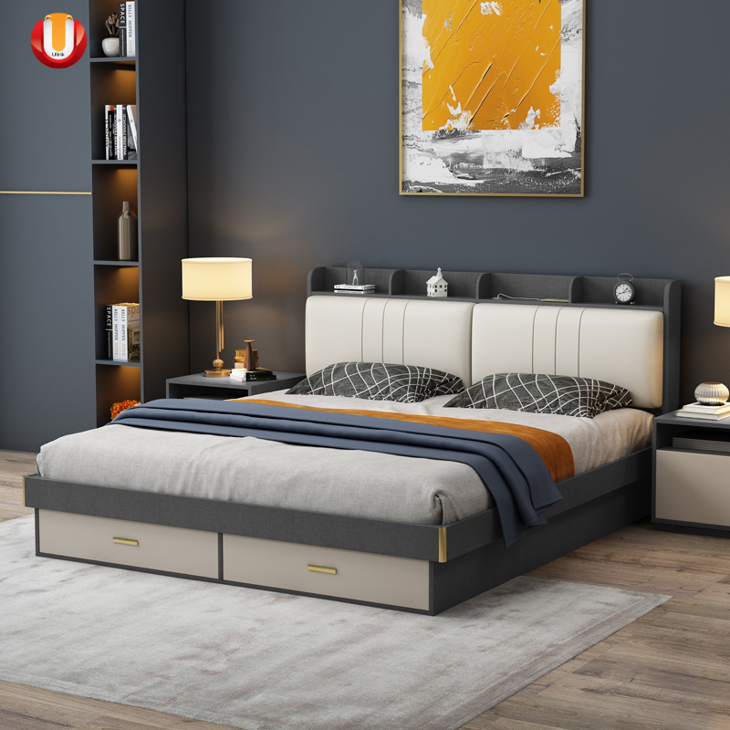 Habitación completamente amueblada, cama estándar blanca, plataforma doble elegante, cama funcional de cuero, marco de cama de belleza