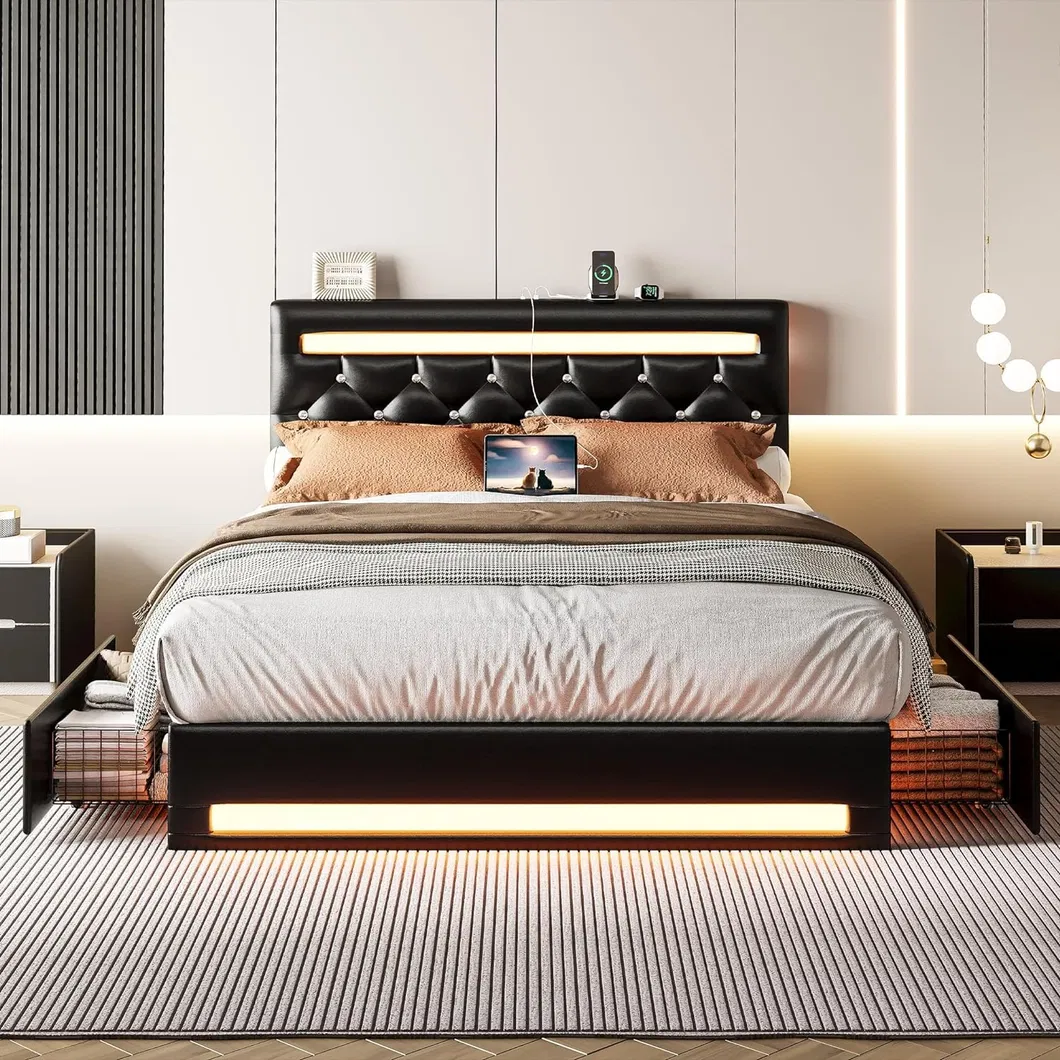 Cama con marco de plataforma tapizada grande con cajones