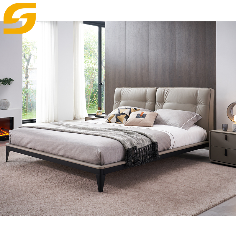 Conjuntos de muebles de dormitorio de estilo moderno y simple, cama king y queen de cuero blanco