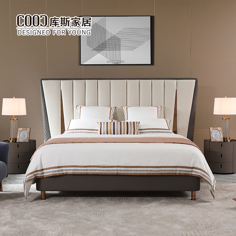 Conjunto de cama de cuero tamaño rey y reina de lujo para habitación principal 5 Muebles modernos de hotel de 5 estrellas