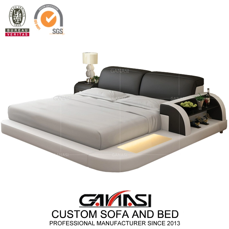 Mueble de dormitorio italiano, marco de cama de reina de cuero genuino con mesas de noche