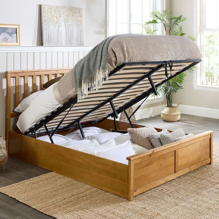 Cama doble de madera con almacenamiento en la parte superior del hogar dormitorio