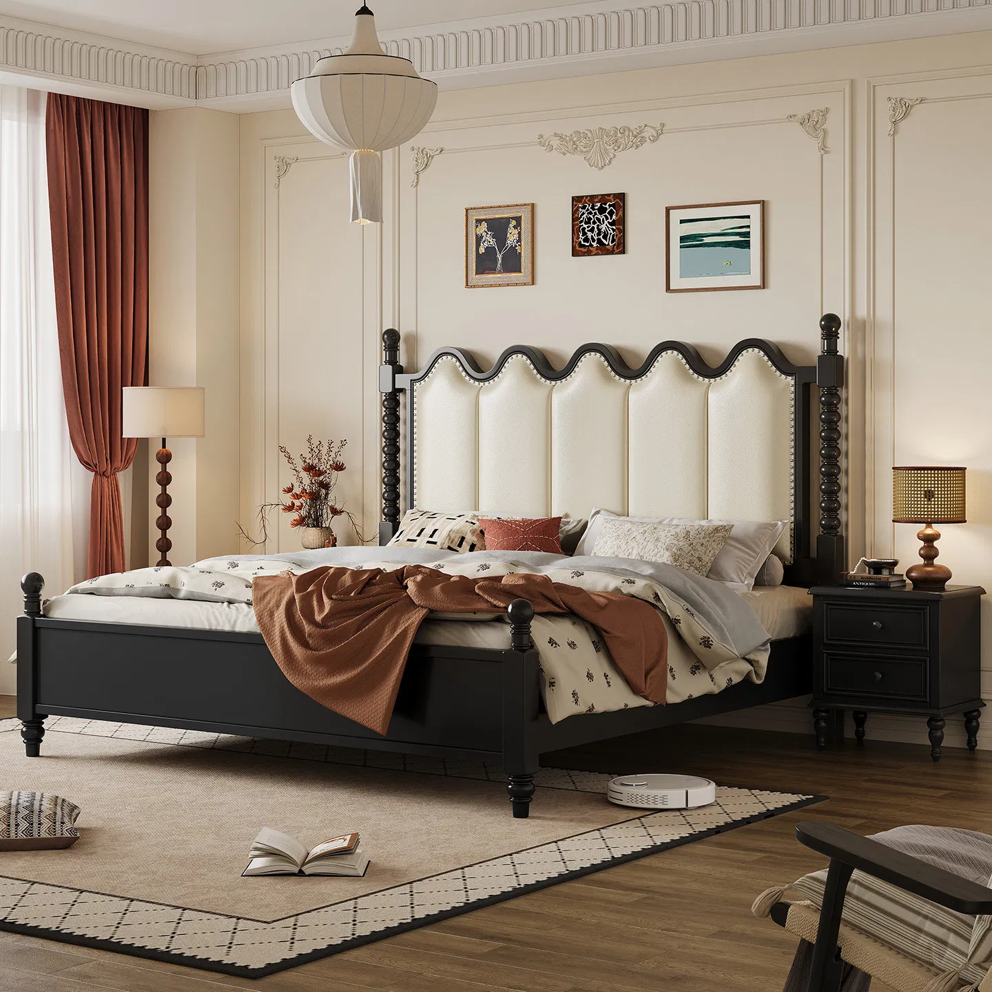 Suministro de fábrica de muebles de hotel personalizados, cama de hotel reina, cama doble curva de lujo, estilo moderno, cama de hotel de cuero pintada