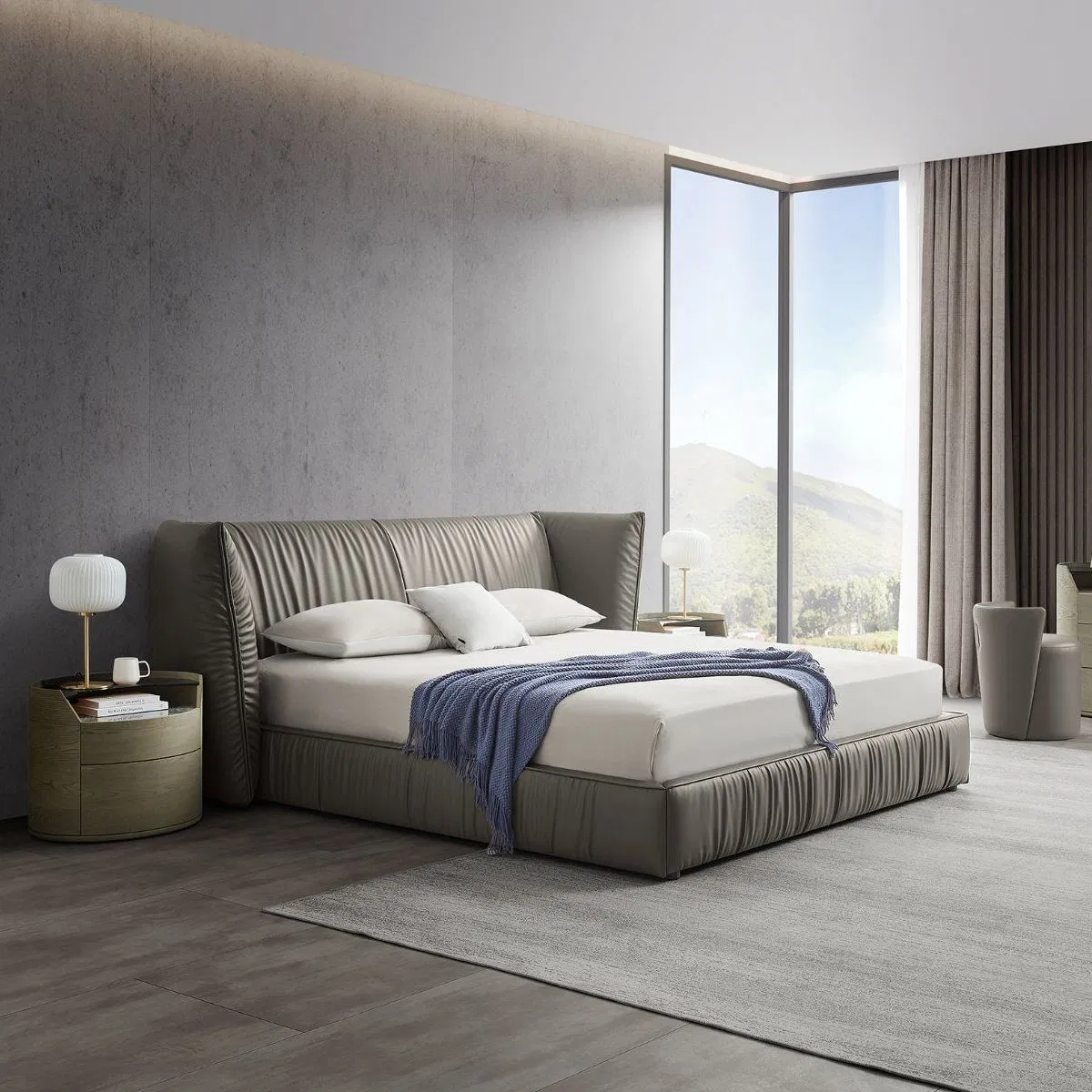 Cama moderna de tamaño king con marco de roble duradero de madera de fresno tapizado en color claro