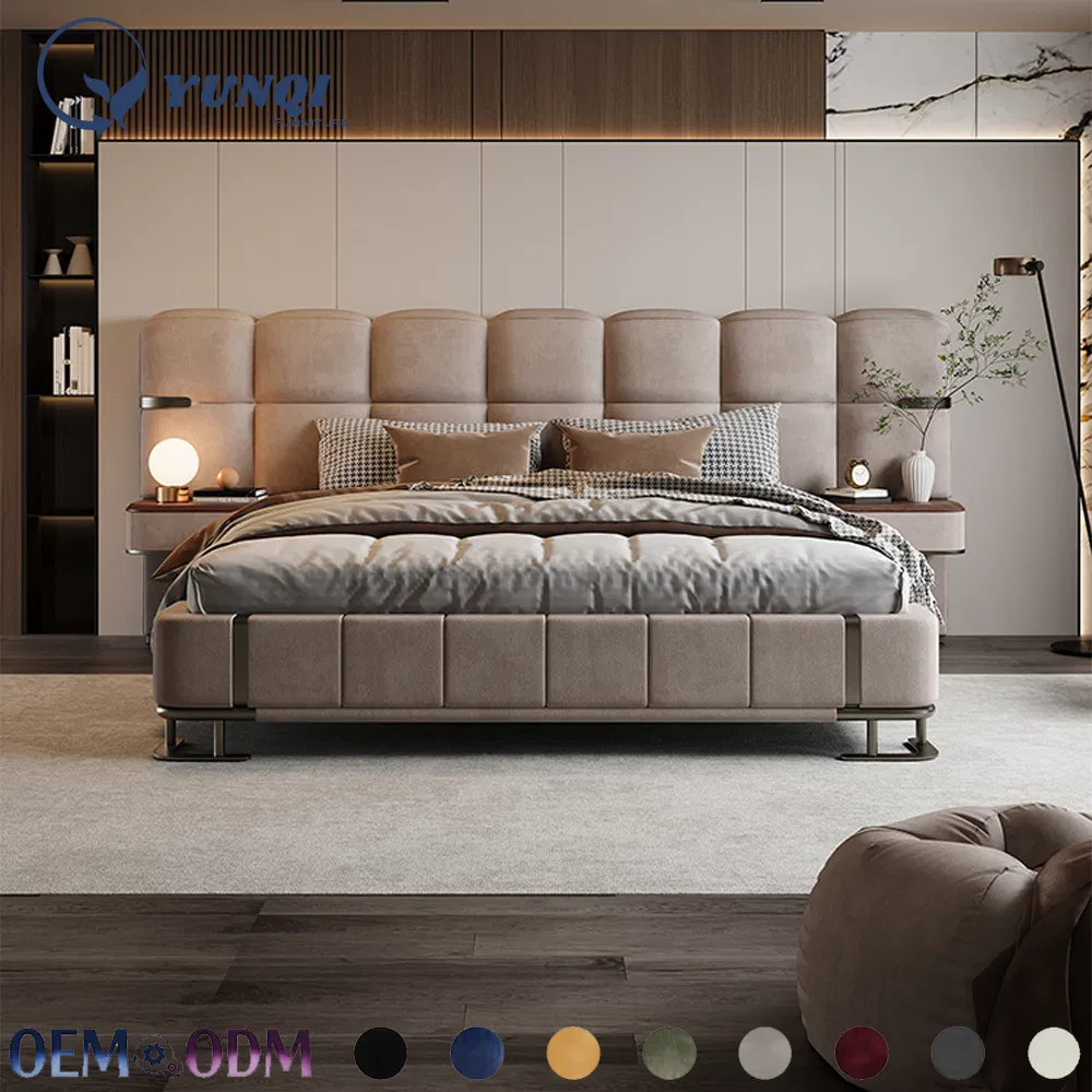 Diseño moderno de lujo ligero cama king size doble marco de madera cama queen size de cuero
