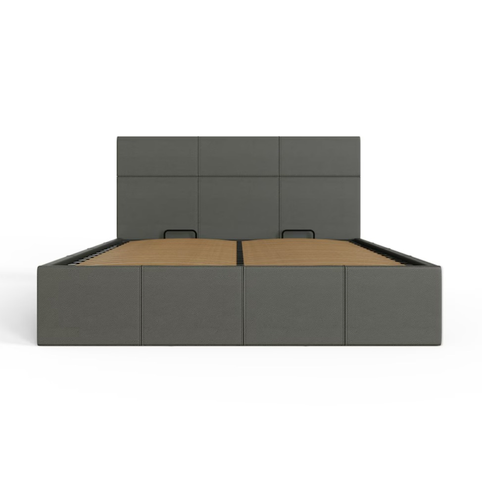 Base de cama de almacenamiento de cuero sintético gris, marco de cama plegable, cama de plataforma de doble elevación con cabecero acolchado en cuadrícula y listones resistentes