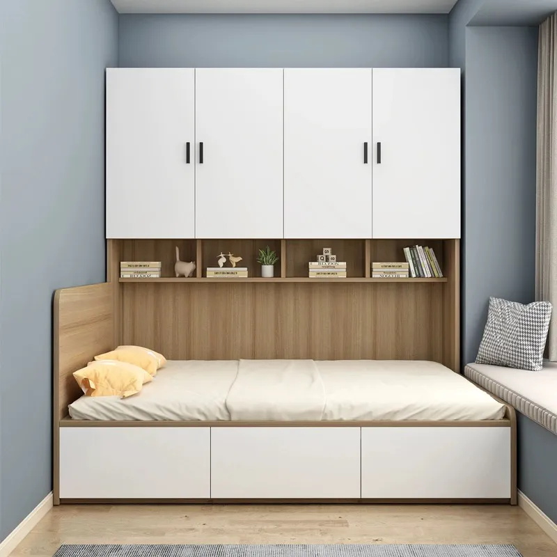 Conjunto de dormitorio moderno de alto brillo, muebles para el hogar, cama de almacenamiento en la pared de madera, rey