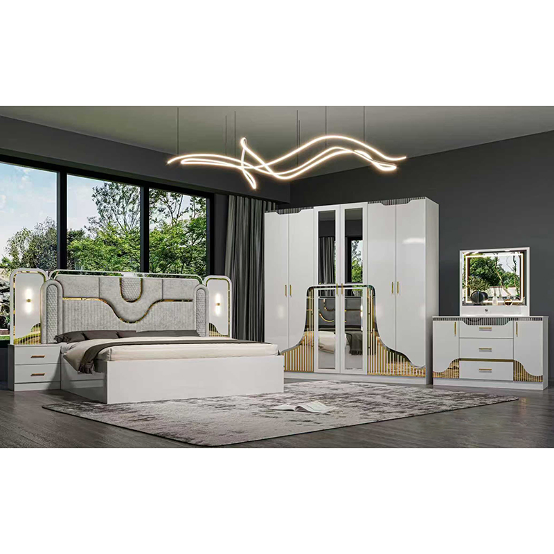Conjunto de habitación de hotel contemporáneo de cama king size de Foshan, muebles de dormitorio de madera de lujo para casa moderna china de MDF