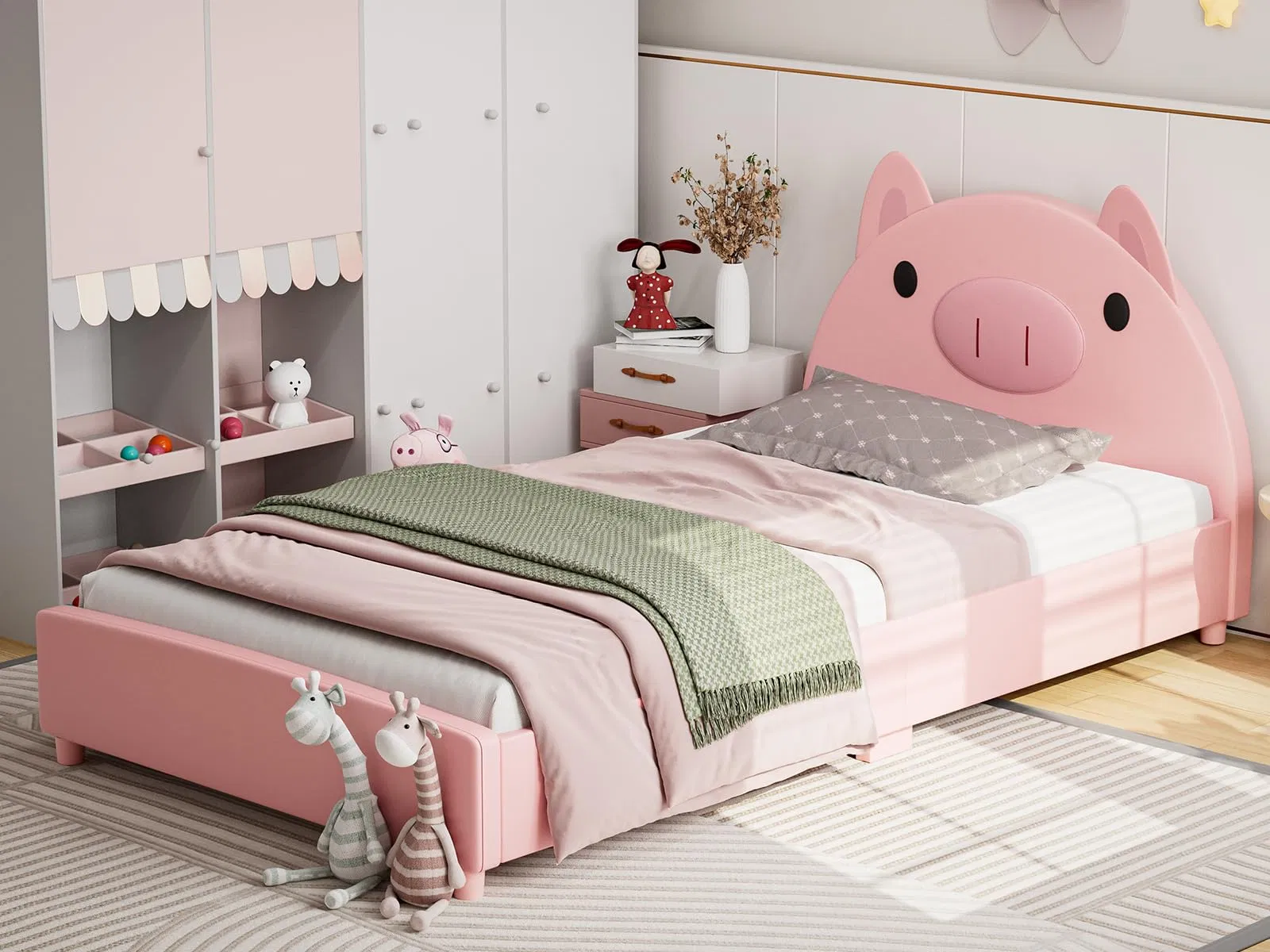 Cama tapizada para niños con forma de cerdo, cama plataforma twin para niños