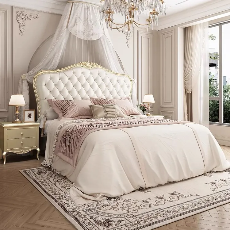 European Hand-Carved Furniture French Luxury Bedroom Sets King Size Solid Wood Bed Canopy Wooden Beds