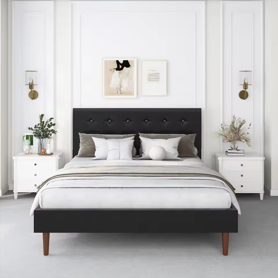 Estructura de cama tapizada y elegante para decoración de dormitorio moderno