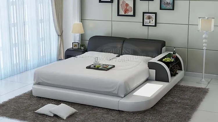 Mueble de dormitorio italiano, marco de cama de reina de cuero genuino con mesas de noche