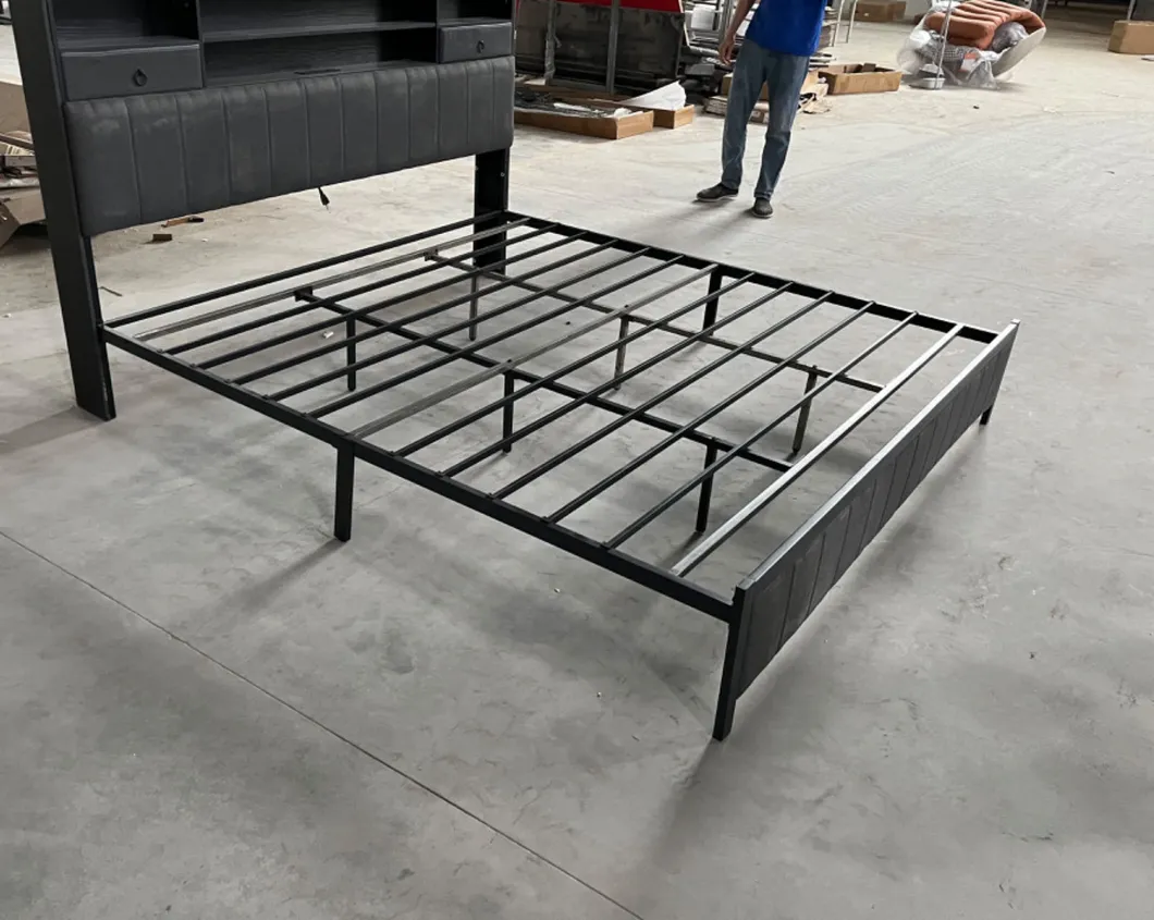 Solución de instalación fácil para el dormitorio, cama de plataforma de acero, cama de hierro con cabecera