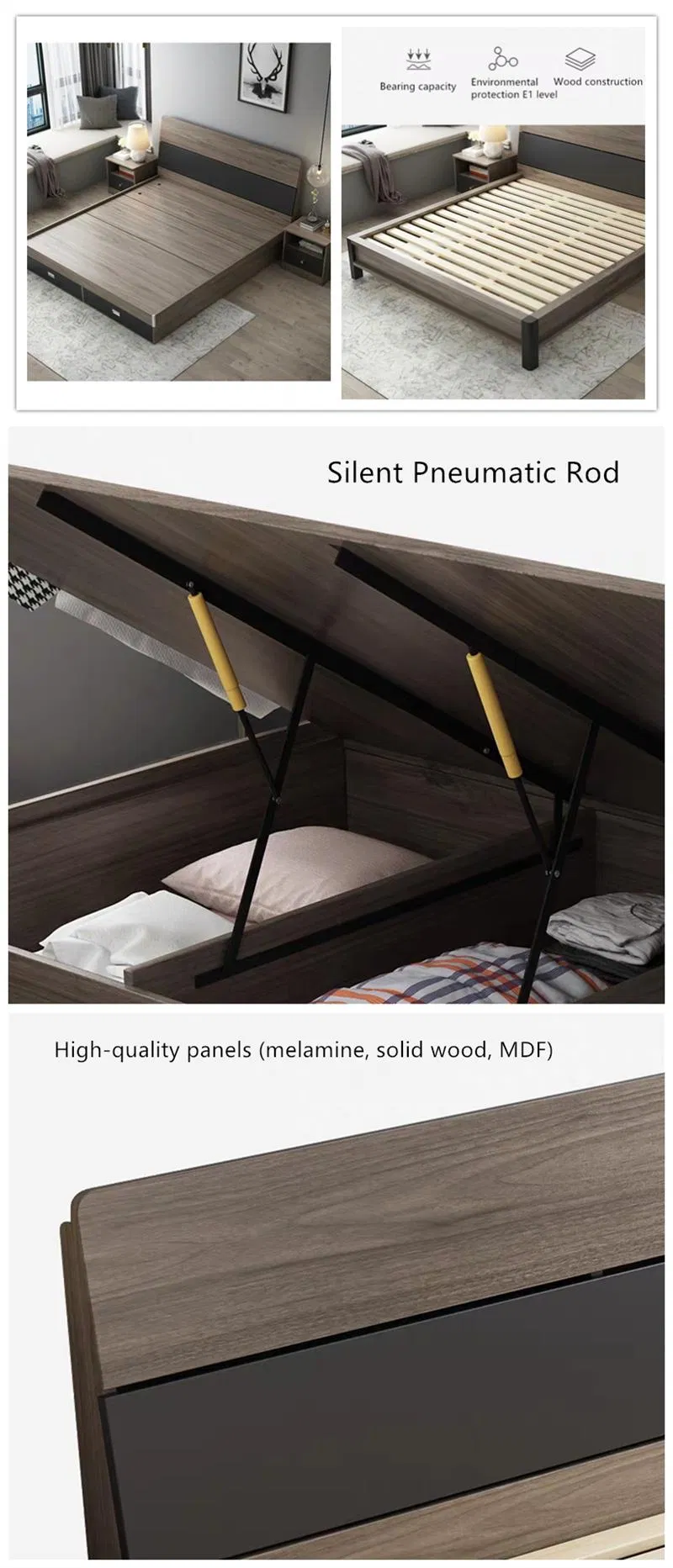Habitación completamente amueblada, cama estándar blanca, plataforma doble elegante, cama funcional de cuero, marco de cama de belleza