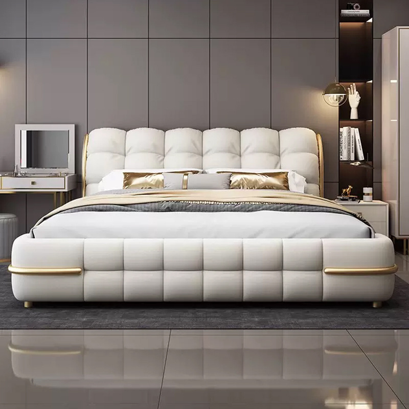 Cama doble king de madera maciza de estilo italiano moderno con cuero, camas de lujo de alta gama