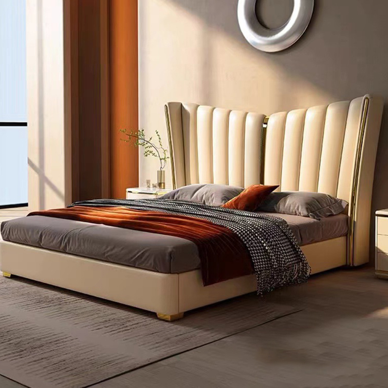 Cama doble tapizada de lujo ligero italiana, juego de muebles para el hogar, dormitorio moderno, marco de madera, cama de cuero tamaño king