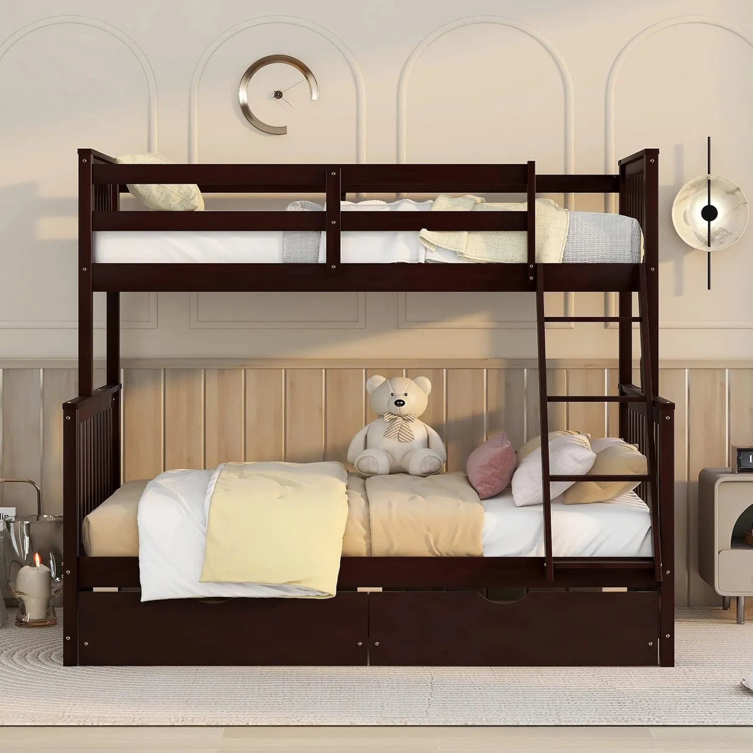 Cama litera mayor con cama individual sobre cama matrimonial con 2 cajones de madera maciza estándar para niños, adultos y estudiantes universitarios