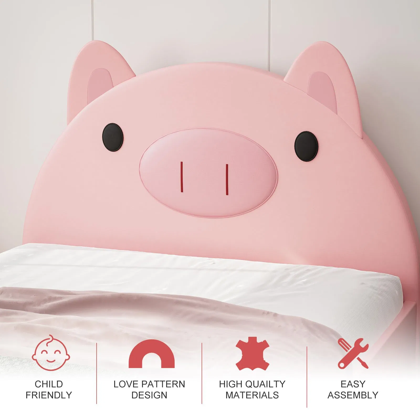Cama tapizada para niños con forma de cerdo, cama plataforma twin para niños