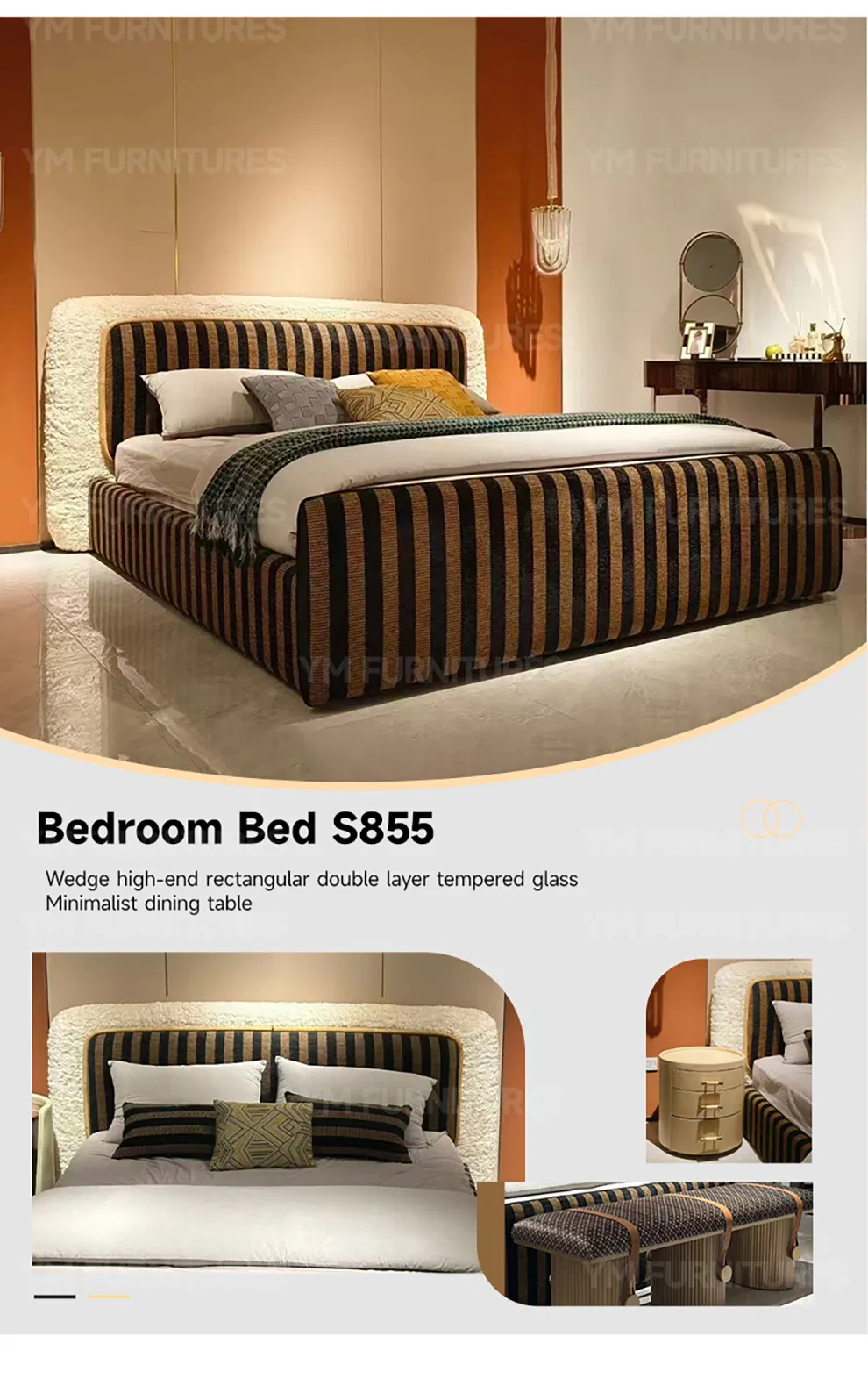 Conjunto de muebles modernos de alta gama para dormitorio principal, cama de lujo cómoda con respaldo y almacenamiento para adultos, ideal para villas y residencias