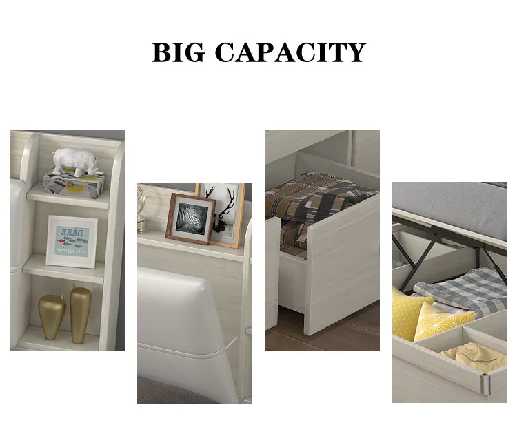 Conjunto de dormitorio moderno de alto brillo, muebles para el hogar, cama de almacenamiento en la pared de madera, rey