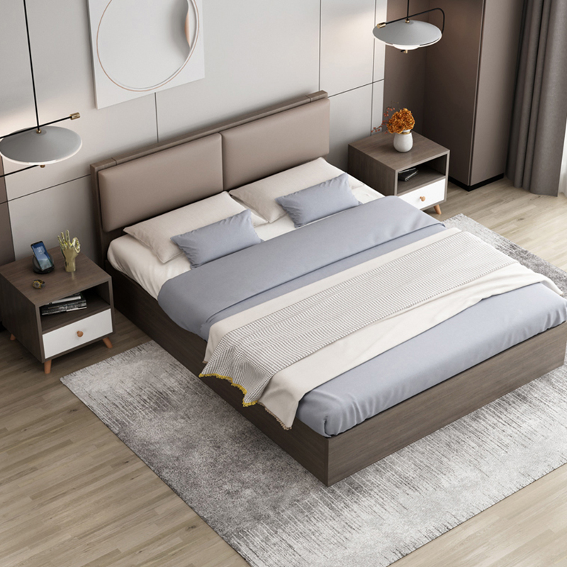 Muebles de dormitorio modernos con tapizado de cuero, cama de tamaño doble, queen y king con marco de madera