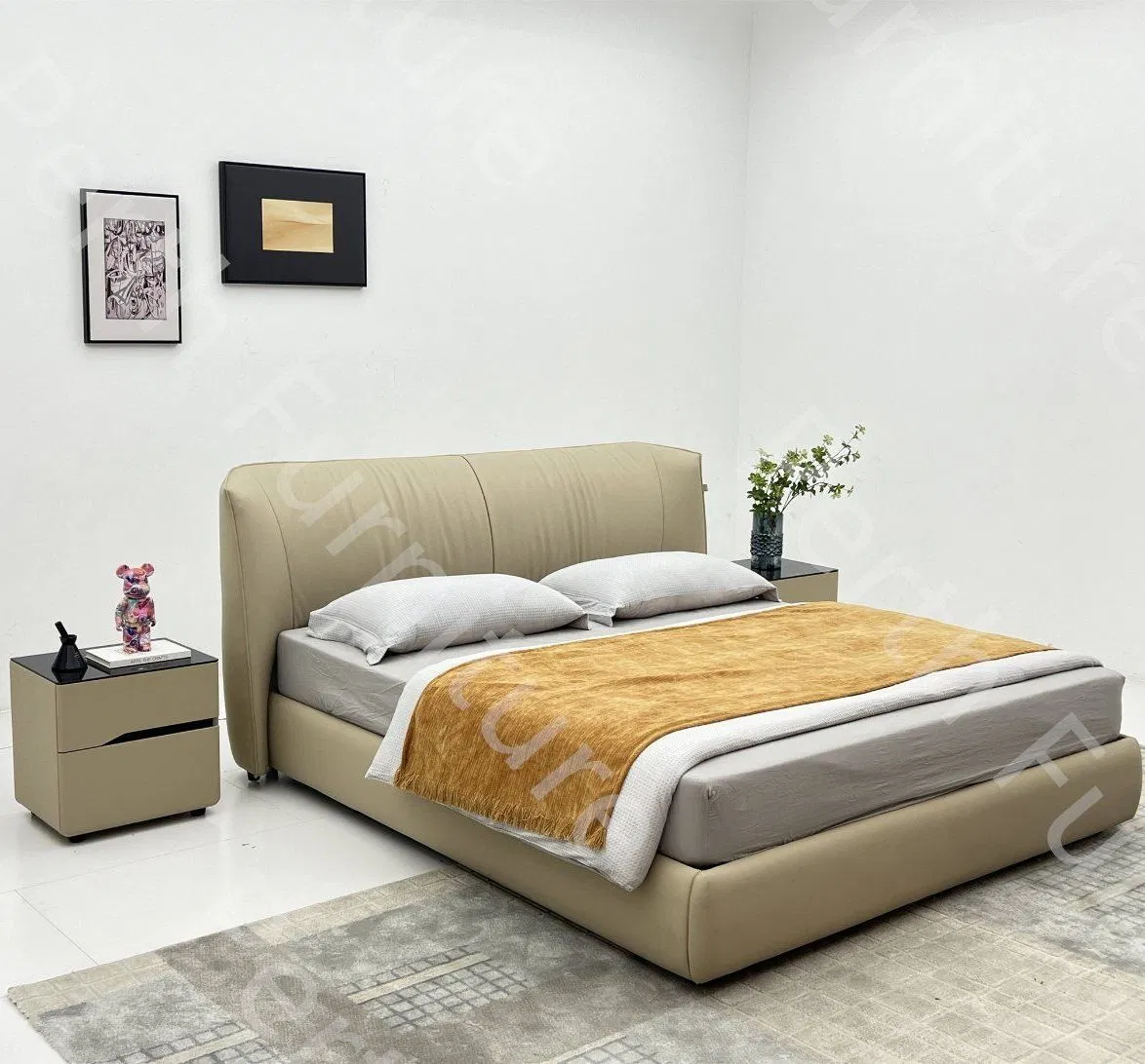 Cama moderna acogedora con patas de metal, tela de PU y tela de microfibra de PU para muebles de hotel y hogar con Wooden-Mxt-902