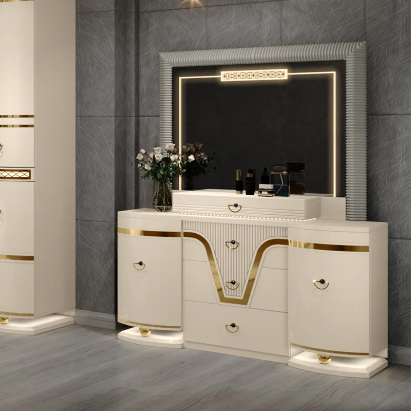Conjunto completo de muebles de dormitorio de lujo con cama king de cuero doble, armario y tocador de diseño moderno al por mayor