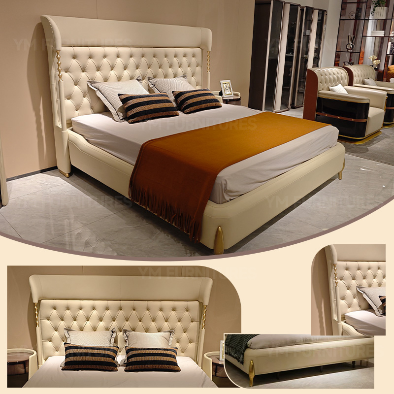 Cabecera de cama de cuero suave tapizada de lujo personalizada para villa, cama queen king