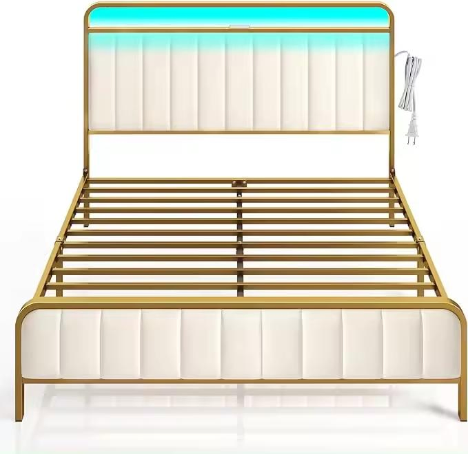 Estructura de cama tamaño completo con estación de carga y luz LED, cama de terciopelo tapizada con cabecero y pie de cama, listones de metal de alta resistencia