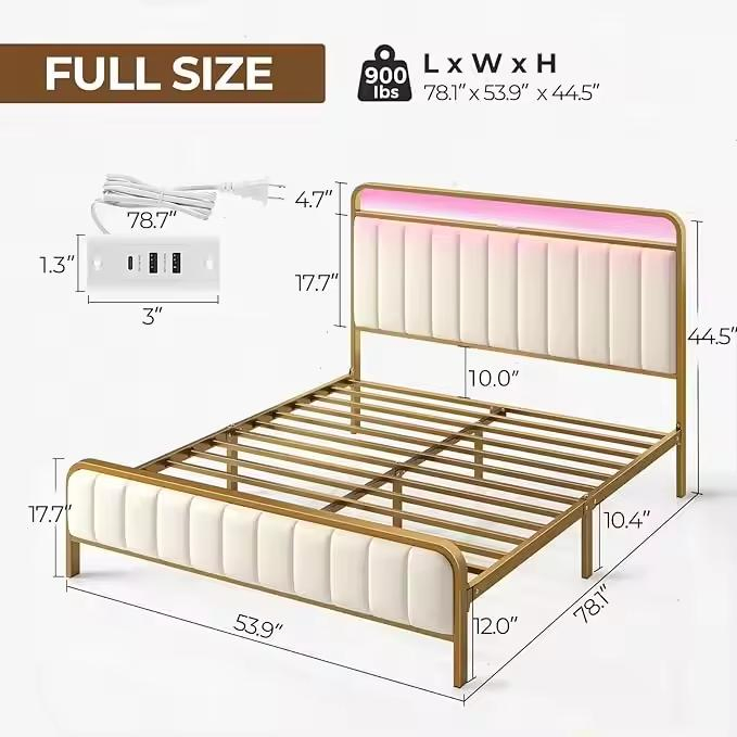 Estructura de cama tamaño completo con estación de carga y luz LED, cama de terciopelo tapizada con cabecero y pie de cama, listones de metal de alta resistencia