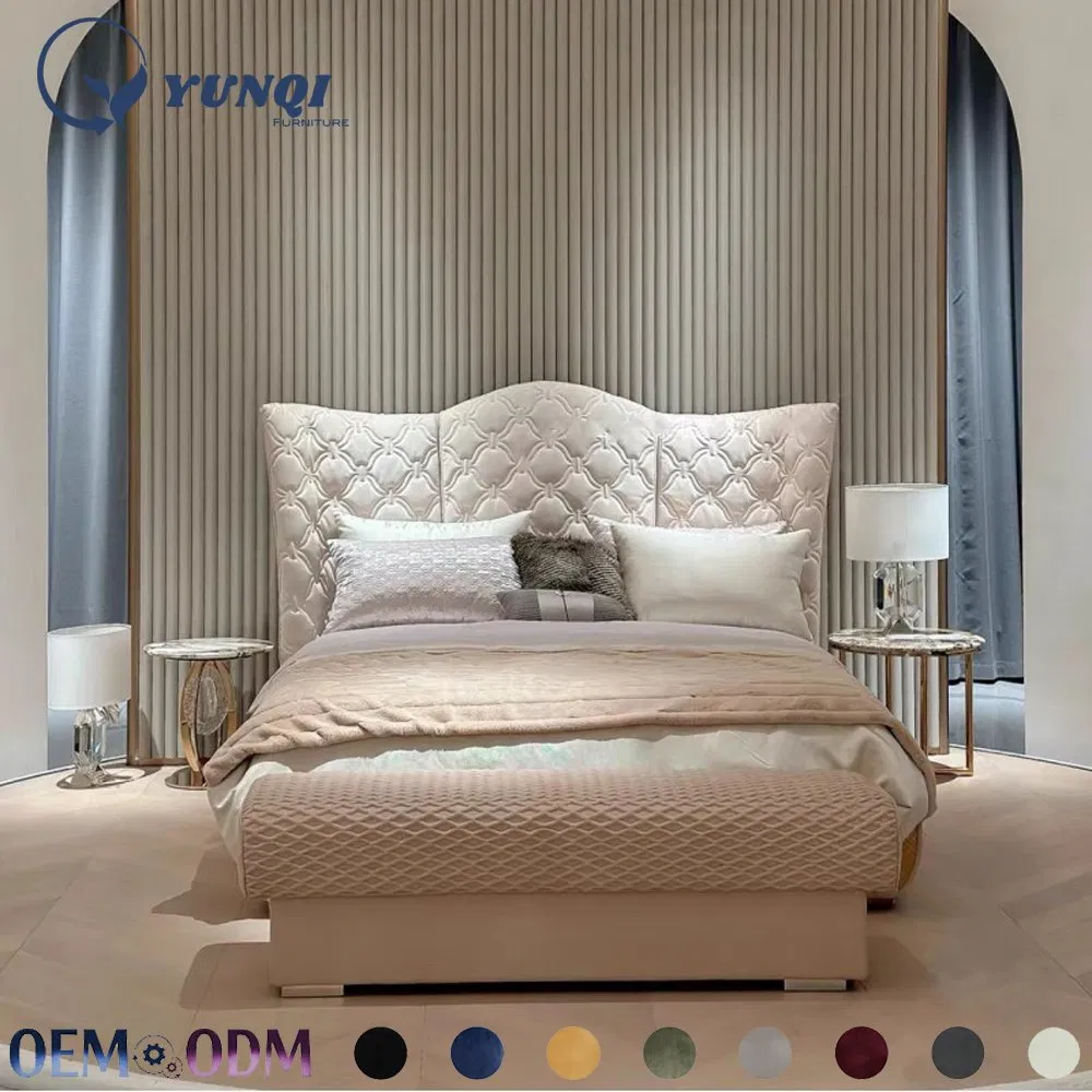 Cama tapizada tamaño king, estructura de cama de madera, juego de muebles, cama doble, cama moderna de lujo tapizada en beige