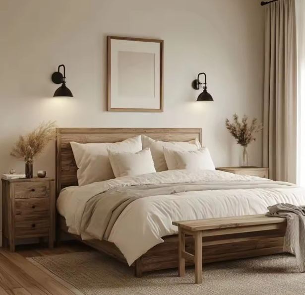 Conjunto de dormitorio de madera de estilo simple, juego de cama doble maestra, cama de madera, conjunto completo de tamaño king, conjunto de muebles de dormitorio económico
