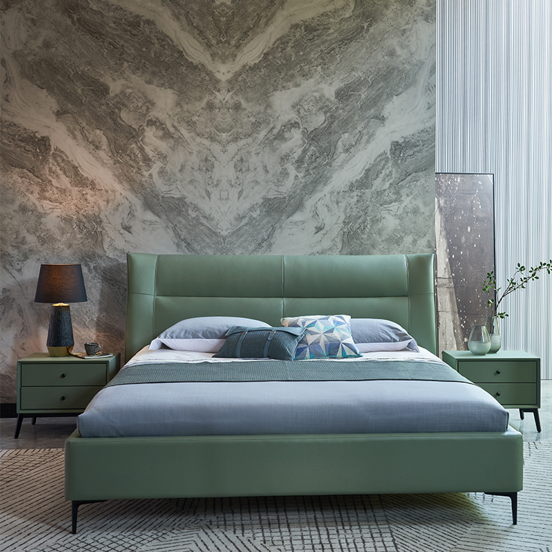 Conjuntos de dormitorio de cuero verde de tamaño king multifuncional con patas de metal de acero, cama doble